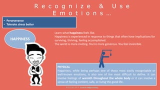 R e c o g n i z e & U s e
E m o t i o n s …
33
PHYSICAL
Happiness, while being perhaps one of those most easily recognizable or
well-known emotions, is also one of the most difficult to define. It can
involve feelings of warmth throughout the whole body or it can involve a
sense of feeling content, safe, or living the good life.
Learn what happiness feels like.
Happiness is experienced in response to things that often have implications for
surviving, thriving, feeling accomplished.
The world is more inviting. You’re more generous. You feel invincible.
HAPPINESS
• Perseverance
• Tolerate stress better
S O CI A L A D Y Emotional Intelligencetraining
 