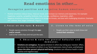 R e c o g n i z e p o s i t i v e a n d n e g a t i v e h u m a n e m o t i o n s
Read emotions in other…
35
• Positive emotions reduce stress, improve mood, and increase our memory and awareness. For example:
happiness, surprise, sympathy, kindness, love, courage, confidence, inspiration, relief…
• Negative emotions increase stress, allow us to recognize threats, and deal with challenging situations. Examples
are: sadness, fear, anger, contempt, disgust…
1 . F o c u s o n t h e e y e s & m o u t h 2 . L i s t e n t o t h e t o n e o f v o i c e
• People express emotion through the eyes
and/or mouth.
• Look at her entire face and not just the eyes.
• People use their voice to both show and
control their emotions.
3 . O b s e r v e & n o t e t h e g e n e r a l b e h a v i o r a n d
d e m e a n o r .
• Emotions are contagious. Recognize emotion in others by noting your reaction. Often,
we mirror the emotions of others in our facial expression, tone of voice, and behavior.
• Assess the other person’s physical well-being. Emotions can influence health in both
positive and negative ways.
 