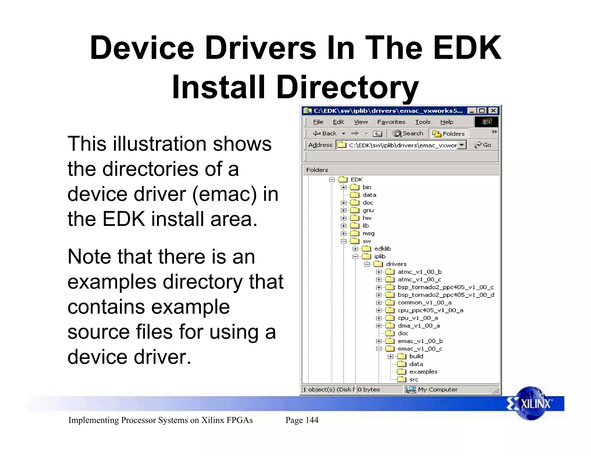 Device Drivers In The EDK
          Install Directory
This illustration shows
the directories of a
device driver (emac) in
the EDK install area.
Note that there is an
examples directory that
contains example
source files for using a
device driver.

Implementing Processor Systems on Xilinx FPGAs   Page 144
 
