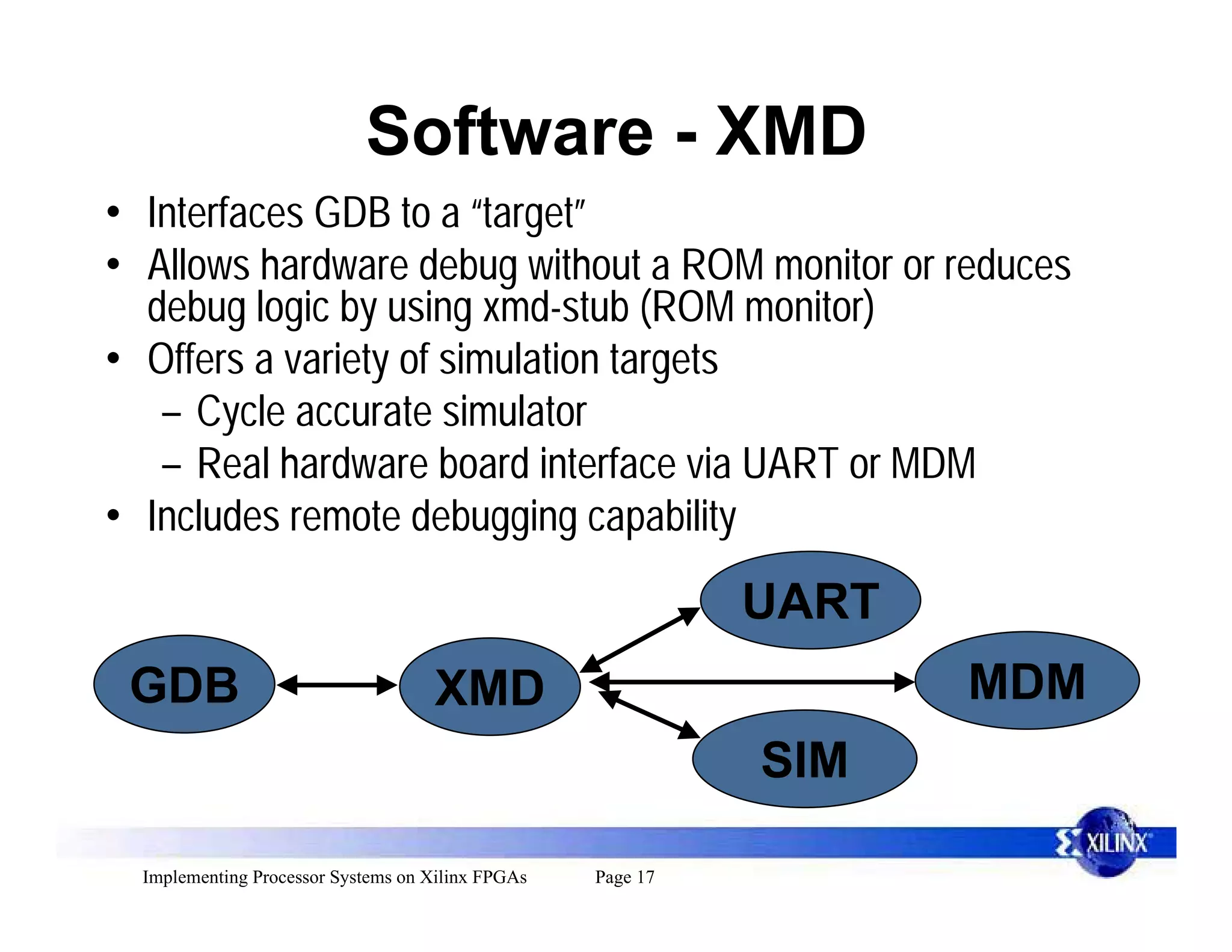 Software - XMD
• Interfaces GDB to a “target”
• Allows hardware debug without a ROM monitor or reduces
  debug logic by using xmd-stub (ROM monitor)
• Offers a variety of simulation targets
   – Cycle accurate simulator
   – Real hardware board interface via UART or MDM
• Includes remote debugging capability
                                                             UART
 GDB                                XMD                             MDM
                                                             SIM

  Implementing Processor Systems on Xilinx FPGAs   Page 17
 