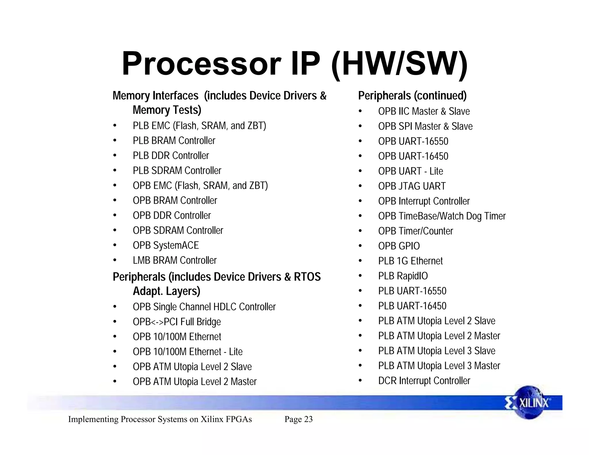 Processor IP (HW/SW)
           Memory Interfaces (includes Device Drivers &        Peripherals (continued)
              Memory Tests)                                    •   OPB IIC Master & Slave
           •    PLB EMC (Flash, SRAM, and ZBT)                 •   OPB SPI Master & Slave
           •    PLB BRAM Controller                            •   OPB UART-16550
           •    PLB DDR Controller                             •   OPB UART-16450
           •    PLB SDRAM Controller                           •   OPB UART - Lite
           •    OPB EMC (Flash, SRAM, and ZBT)                 •   OPB JTAG UART
           •    OPB BRAM Controller                            •   OPB Interrupt Controller
           •    OPB DDR Controller                             •   OPB TimeBase/Watch Dog Timer
           •    OPB SDRAM Controller                           •   OPB Timer/Counter
           •    OPB SystemACE                                  •   OPB GPIO
           •    LMB BRAM Controller                            •   PLB 1G Ethernet
           Peripherals (includes Device Drivers & RTOS         •   PLB RapidIO
               Adapt. Layers)                                  •   PLB UART-16550
           •    OPB Single Channel HDLC Controller             •   PLB UART-16450
           •    OPB<->PCI Full Bridge                          •   PLB ATM Utopia Level 2 Slave
           •    OPB 10/100M Ethernet                           •   PLB ATM Utopia Level 2 Master
           •    OPB 10/100M Ethernet - Lite                    •   PLB ATM Utopia Level 3 Slave
           •    OPB ATM Utopia Level 2 Slave                   •   PLB ATM Utopia Level 3 Master
           •    OPB ATM Utopia Level 2 Master                  •   DCR Interrupt Controller


Implementing Processor Systems on Xilinx FPGAs       Page 23
 