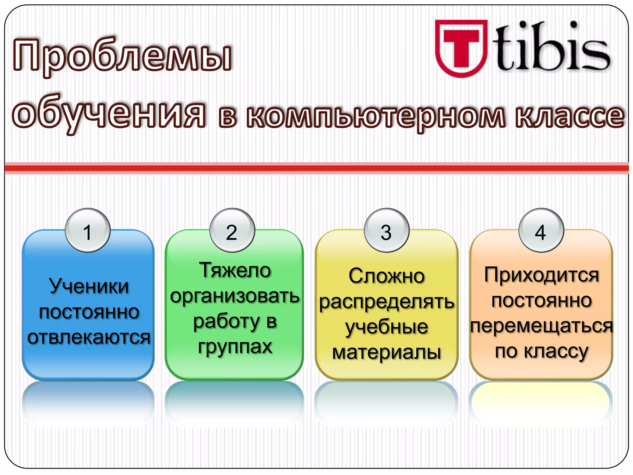 1           2             3            4
               Тяжело       Сложно     Приходится
  Ученики   организовать распределять   постоянно
 постоянно    работу в     учебные    перемещаться
отвлекаются    группах    материалы     по классу
 