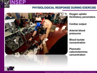 INSEP 
Département de la Recherche – Institut National du Sport, de l’Expertise et de la Performance PHYSIOLOGICAL RESPONSE DURING EXERCISE 
Oxygen uptake 
Ventilatory parameters 
Cardiac output 
Blood lactate concentration 
Plasmatic catecholamines concentration 
Arterial blood 
pressures  