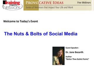 Welcome to Today’s Event Guest Speaker: Dr. Jane Bozarth Author “ Better Than Bullet Points” The Nuts & Bolts of Social Media 