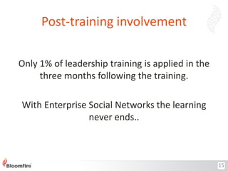Post-training involvement
Only 1% of leadership training is applied in the
three months following the training.
With Enterprise Social Networks the learning
never ends..

15

 