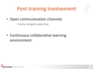Post-training involvement
• Open communication channels
• Easily navigate expertise

• Continuous collaborative learning
environment

Slide Deck Title

17

 