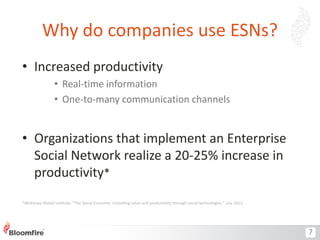 Why do companies use ESNs?
• Increased productivity
• Real-time information
• One-to-many communication channels

• Organizations that implement an Enterprise
Social Network realize a 20-25% increase in
productivity*
*McKinsey Global Institute. “The Social Economy: Unlocking value and productivity through social technologies.” July 2012.

7

 