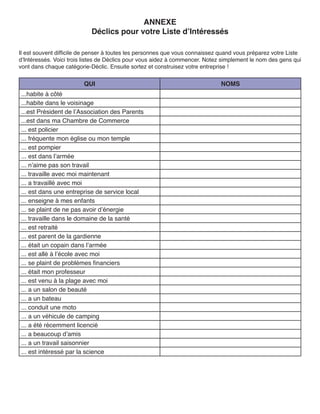 ANNEXE
                            Déclics pour votre Liste d’Intéressés

Il est souvent difficile de penser à toutes les personnes que vous connaissez quand vous préparez votre Liste
d’Intéressés. Voici trois listes de Déclics pour vous aidez à commencer. Notez simplement le nom des gens qui
vont dans chaque catégorie-Déclic. Ensuite sortez et construisez votre entreprise !


                         QUI                                                  NOMS
...habite à côté
...habite dans le voisinage
...est Président de l’Association des Parents
...est dans ma Chambre de Commerce
... est policier
... fréquente mon église ou mon temple
... est pompier
... est dans l’armée
... n’aime pas son travail
... travaille avec moi maintenant
... a travaillé avec moi
... est dans une entreprise de service local
... enseigne à mes enfants
... se plaint de ne pas avoir d’énergie
... travaille dans le domaine de la santé
... est retraité
... est parent de la gardienne
... était un copain dans l’armée
... est allé à l’école avec moi
... se plaint de problèmes financiers
... était mon professeur
... est venu à la plage avec moi
... a un salon de beauté
... a un bateau
... conduit une moto
... a un véhicule de camping
... a été récemment licencié
... a beaucoup d’amis
... a un travail saisonnier
... est intéressé par la science
 