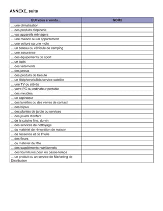 ANNEXE, suite

              QUI vous a vendu...              NOMS
... une climatisation
... des produits d’épicerie
... vos appareils ménagers
... une maison ou un appartement
... une voiture ou une moto
... un bateau ou véhicule de camping
... une assurance
... des équipements de sport
... un tapis
... des vêtements
... des pneus
... des produits de beauté
... un téléphone/câble/service satellite
... une TV ou stéréo
... votre PC ou ordinateur portable
... des meubles
... un aspirateur
... des lunettes ou des verres de contact
... des bijoux
... des plantes de jardin ou services
... des jouets d’enfant
... de la cuisine fine, du vin
... des services de nettoyage
... du matériel de rénovation de maison
... de l’essence et de l’huile
... des fleurs
... du matériel de fête
... des suppléments nutritionnels
... des fournitures pour les passe-temps
... un produit ou un service de Marketing de
Distribution
 