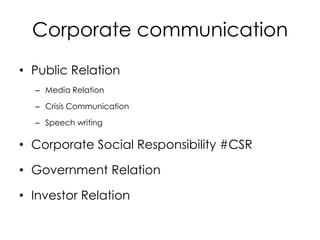 Corporate communicationPublic RelationMedia RelationCrisis CommunicationSpeech writingCorporate Social Responsibility #CSR