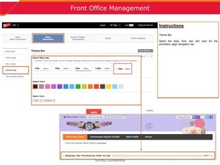 11
Front Office Management
Strictly Confidential
Instructions
Theme Bar
Select the style, font, size and color for the
promotion page navigation bar.
 