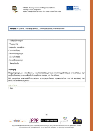 TTMIRO - Training Trainers for Migrants and Roma
Lifelong Learning Programme
Project number: 518256-LLP-1-2011-1-GR-GRUNDTVIG-GMP
70
This project has been funded with support from the European Commission. This publication reflects the views only of the author, and the
Commission cannot be held responsible for any use which may be made of the information contained therein.
Άσκηση: Κλίμακα Συναισθηματικού Αλφαβητισμού του Claude Steiner
- Διαδραστικότητα
- Ψυχολογία
- Αιτιώδης συνάφεια
- Ταυτοποίηση
- Γλωσσικό φράγμα
- Χάος/ Ένταση
- Ευαισθητοποίηση
- Αναισθησία
Συζήτηση
Πώς μπορούμε, ως εκπαιδευτές, να υποστηρίξουμε τους ευπαθείς μαθητές να κατανοήσουν την
κουλτούρα /τις συμπεριφορές /τις σχέσεις τους με τον έξω κόσμο;
Πώς μπορούμε να καταλάβουμε και να μετασχηματίσουμε την καταπίεση και την επιρροή του
ίδιου του εκπαιδευόμενου;
ΔΙΑΡΚΕΙΑ
1 ώρα
 