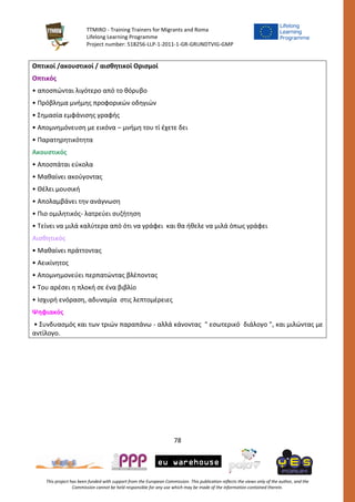 TTMIRO - Training Trainers for Migrants and Roma
Lifelong Learning Programme
Project number: 518256-LLP-1-2011-1-GR-GRUNDTVIG-GMP
78
This project has been funded with support from the European Commission. This publication reflects the views only of the author, and the
Commission cannot be held responsible for any use which may be made of the information contained therein.
Οπτικοί /ακουστικοί / αισθητικοί Ορισμοί
Οπτικός
• αποσπώνται λιγότερο από το θόρυβο
• Πρόβλημα μνήμης προφορικών οδηγιών
• Σημασία εμφάνισης γραφής
• Απομνημόνευση με εικόνα – μνήμη του τί έχετε δει
• Παρατηρητικότητα
Ακουστικός
• Αποσπάται εύκολα
• Μαθαίνει ακούγοντας
• Θέλει μουσική
• Απολαμβάνει την ανάγνωση
• Πιο ομιλητικός- λατρεύει συζήτηση
• Τείνει να μιλά καλύτερα από ότι να γράφει και θα ήθελε να μιλά όπως γράφει
Αισθητικός
• Μαθαίνει πράττοντας
• Αεικίνητος
• Απομνημονεύει περπατώντας βλέποντας
• Του αρέσει η πλοκή σε ένα βιβλίο
• Ισχυρή ενόραση, αδυναμία στις λεπτομέρειες
Ψηφιακός
• Συνδυασμός και των τριών παραπάνω - αλλά κάνοντας " εσωτερικό διάλογο ", και μιλώντας με
αντίλογο.
 
