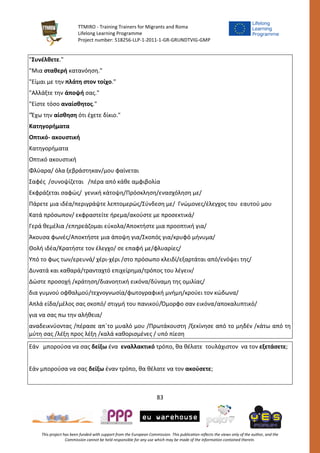 TTMIRO - Training Trainers for Migrants and Roma
Lifelong Learning Programme
Project number: 518256-LLP-1-2011-1-GR-GRUNDTVIG-GMP
83
This project has been funded with support from the European Commission. This publication reflects the views only of the author, and the
Commission cannot be held responsible for any use which may be made of the information contained therein.
"Συνέλθετε."
"Μια σταθερή κατανόηση."
"Είμαι με την πλάτη στον τοίχο."
"Αλλάξτε την άποψή σας."
"Είστε τόσο αναίσθητος."
"Έχω την αίσθηση ότι έχετε δίκιο."
Κατηγορήματα
Οπτικό- ακουστική
Κατηγορήματα
Οπτικό ακουστική
Φλύαρα/ όλα ξεβράστηκαν/μου φαίνεται
Σαφές /συνοψίζεται /πέρα από κάθε αμφιβολία
Εκφράζεται σαφώς/ γενική κάτοψη/Πρόσκληση/ενασχόληση με/
Πάρετε μια ιδέα/περιγράψτε λεπτομερώς/Σύνδεση με/ Γνώμονες/έλεγχος του εαυτού μου
Κατά πρόσωπον/ εκφραστείτε ήρεμα/ακούστε με προσεκτικά/
Γερά θεμέλια /επηρεάζομαι εύκολα/Αποκτήστε μια προοπτική για/
Άκουσα φωνές/Αποκτήστε μια άποψη για/Σκοπός για/κρυφό μήνυμα/
Θολή ιδέα/Κρατήστε τον έλεγχο/ σε επαφή με/φλυαρίες/
Υπό το φως των/ερευνά/ χέρι-χέρι /στο πρόσωπο κλειδί/εξαρτάται από/ενόψει της/
Δυνατά και καθαρά/τρανταχτό επιχείρημα/τρόπος του λέγειν/
Δώστε προσοχή /κράτηση/διανοητική εικόνα/δύναμη της ομιλίας/
δια γυμνού οφθαλμού/τεχνογνωσία/φωτογραφική μνήμη/κρούει τον κώδωνα/
Απλά είδα/μέλος σας σκοπό/ στιγμή του πανικού/Όμορφο σαν εικόνα/αποκαλυπτικό/
για να σας πω την αλήθεια/
αναδεικνύοντας /πέρασε απ΄το μυαλό μου /Πρωτάκουστη /ξεκίνησε από το μηδέν /κάτω από τη
μύτη σας /λέξη προς λέξη /καλά καθορισμένες / υπό πίεση
Εάν μπορούσα να σας δείξω ένα εναλλακτικό τρόπο, θα θέλατε τουλάχιστον να τον εξετάσετε;
Εάν μπορούσα να σας δείξω έναν τρόπο, θα θέλατε να τον ακούσετε;
 