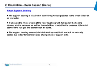 25
 The support bearing is installed in the bearing housing located in the lower center of
air preheater.
 It takes on the whole weight of the rotor revolving with full load of the heating
element via the trunnion, as well as the radial load created by the pressure differential
between the flue gas and combustion air ducts.
 The support bearing assembly is lubricated by an oil bath and will be naturally
cooled due to low temperature area of air preheater support side.
Rotor Support Bearing
2. Description – Rotor Support Bearing
 