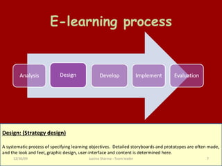 E-learning process Design: (Strategy design) A systematic process of specifying learning objectives.  Detailed storyboards and prototypes are often made, and the look and feel, graphic design, user-interface and content is determined here. Justina Sharma - Team leader 06/09/09 
