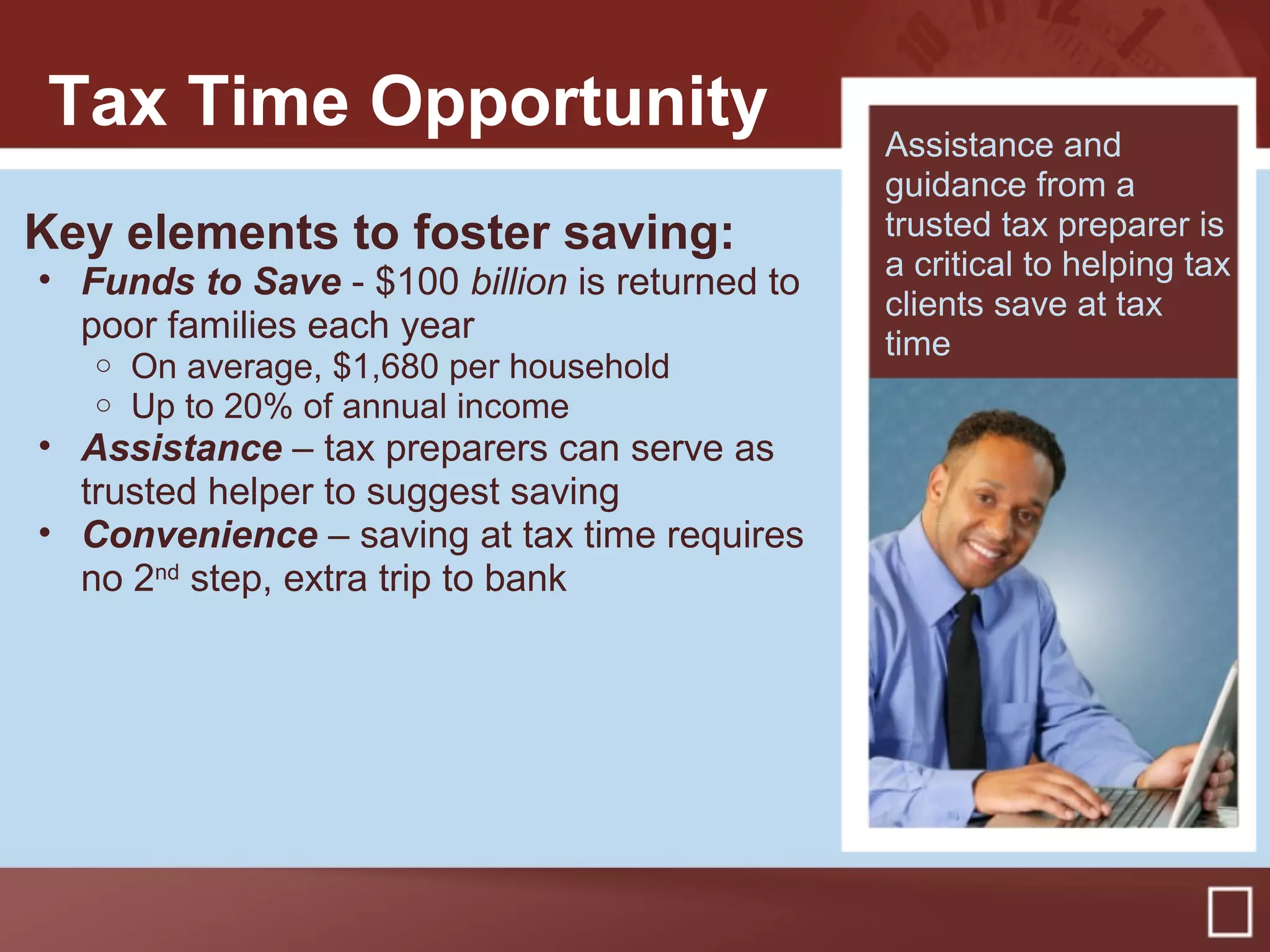 Tax Time Opportunity
Key elements to foster saving:
• Funds to Save - $100 billion is returned to
poor families each year
o On average, $1,680 per household
o Up to 20% of annual income
• Assistance – tax preparers can serve as
trusted helper to suggest saving
• Convenience – saving at tax time requires
no 2nd
step, extra trip to bank
Assistance and
guidance from a
trusted tax preparer is
a critical to helping tax
clients save at tax
time
 