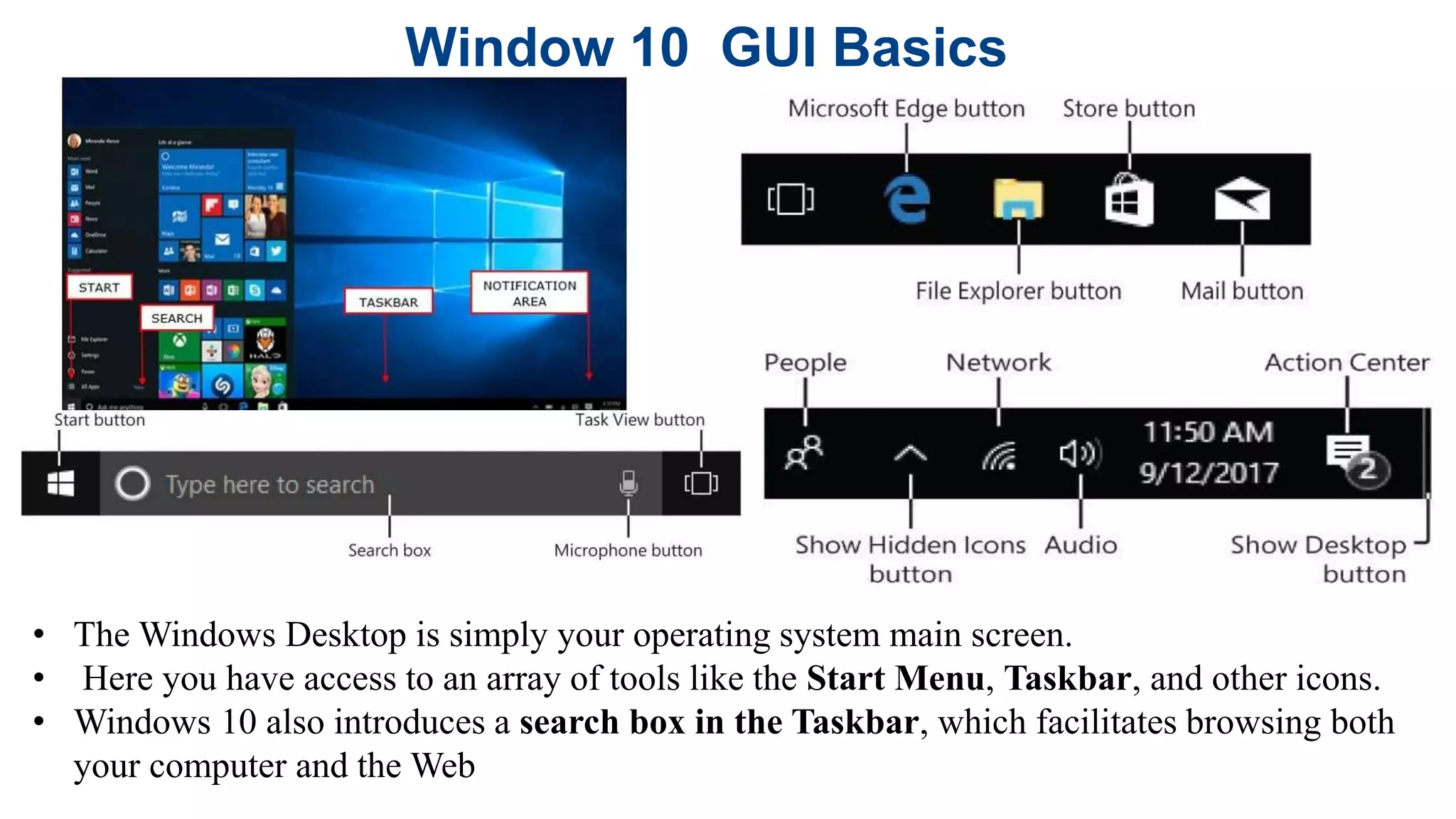 Window 10 GUI Basics
• The Windows Desktop is simply your operating system main screen.
• Here you have access to an array of tools like the Start Menu, Taskbar, and other icons.
• Windows 10 also introduces a search box in the Taskbar, which facilitates browsing both
your computer and the Web
 