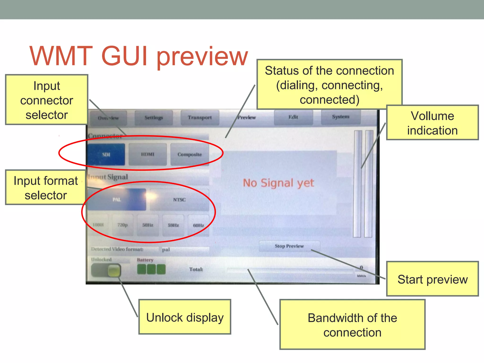 WMT GUI preview               Status of the connection
   Input                          (dialing, connecting,
 connector                             connected)
  selector                                                   Vollume
                                                            indication



Input format
  selector




                                                           Start preview


               Unlock display          Bandwidth of the
                                         connection
 