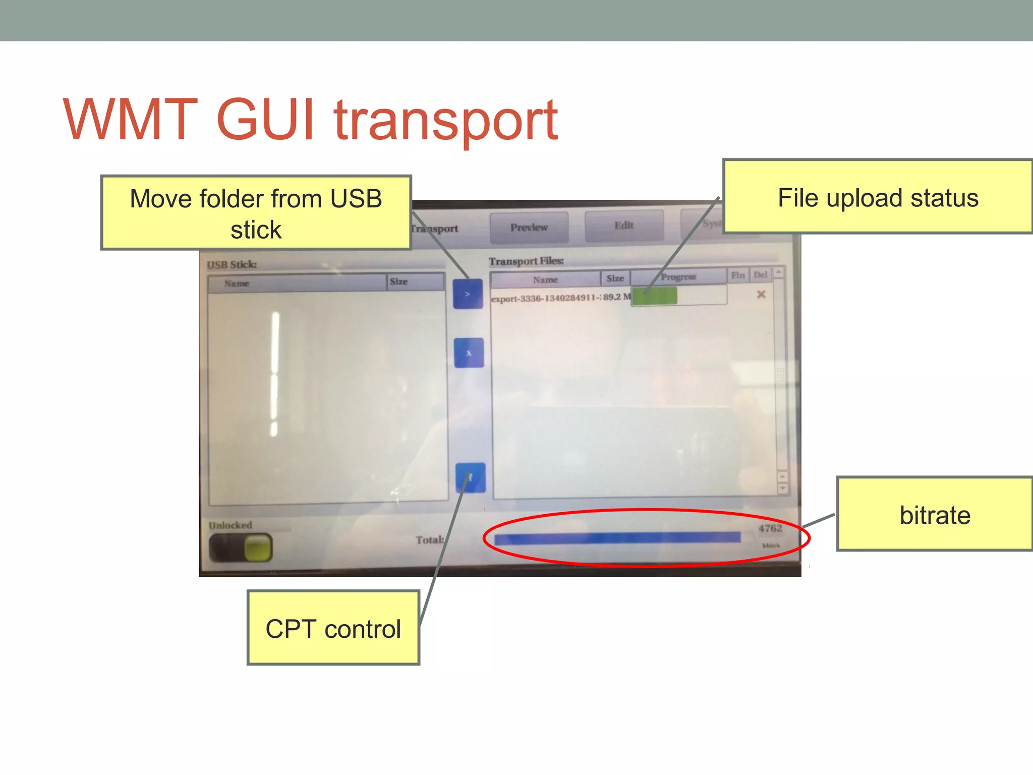 WMT GUI transport
  Move folder from USB    File upload status
          stick




                                    bitrate



            CPT control
 