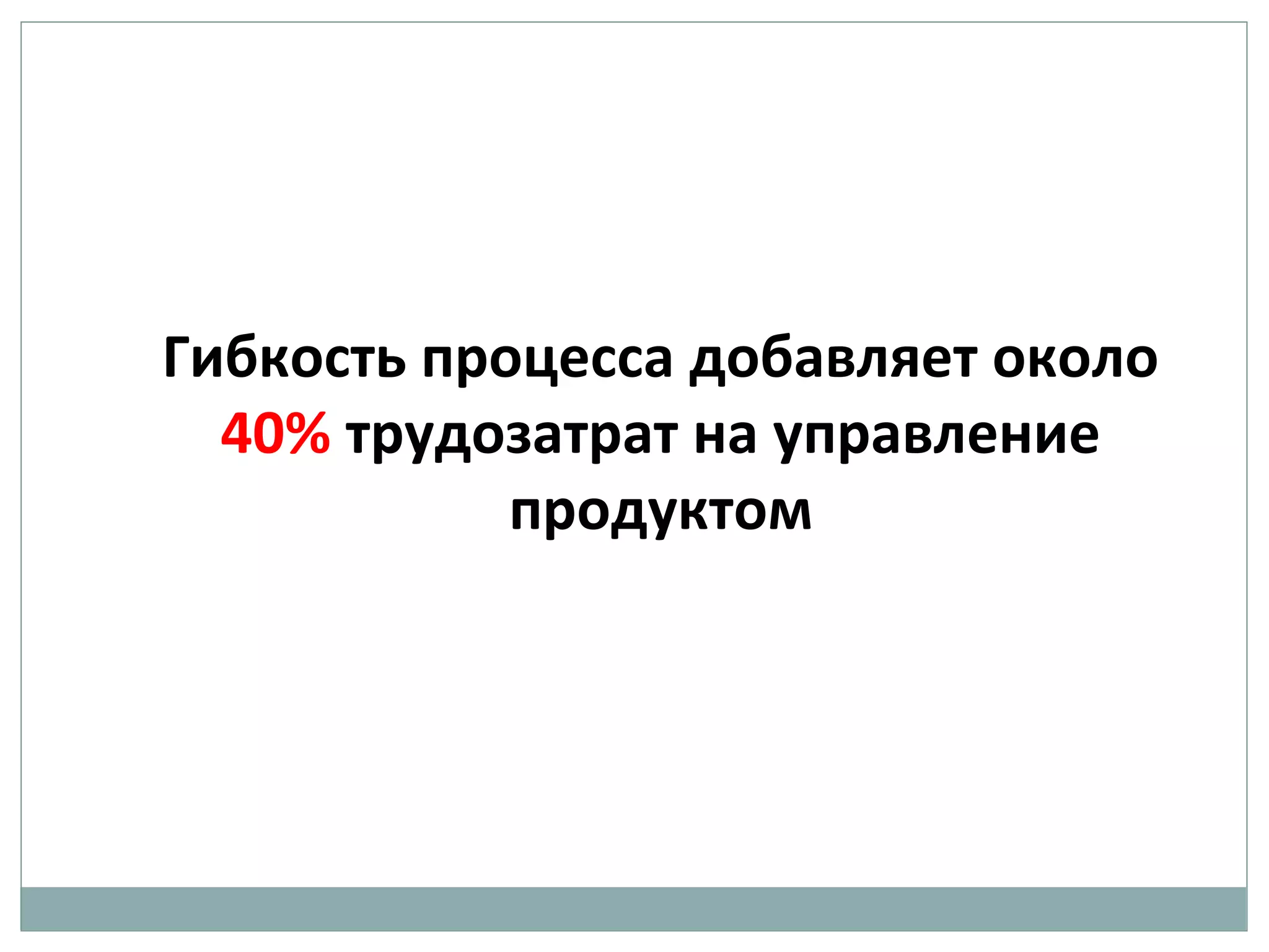 Гибкость процесса добавляет около
40% трудозатрат на управление
продуктом
 
