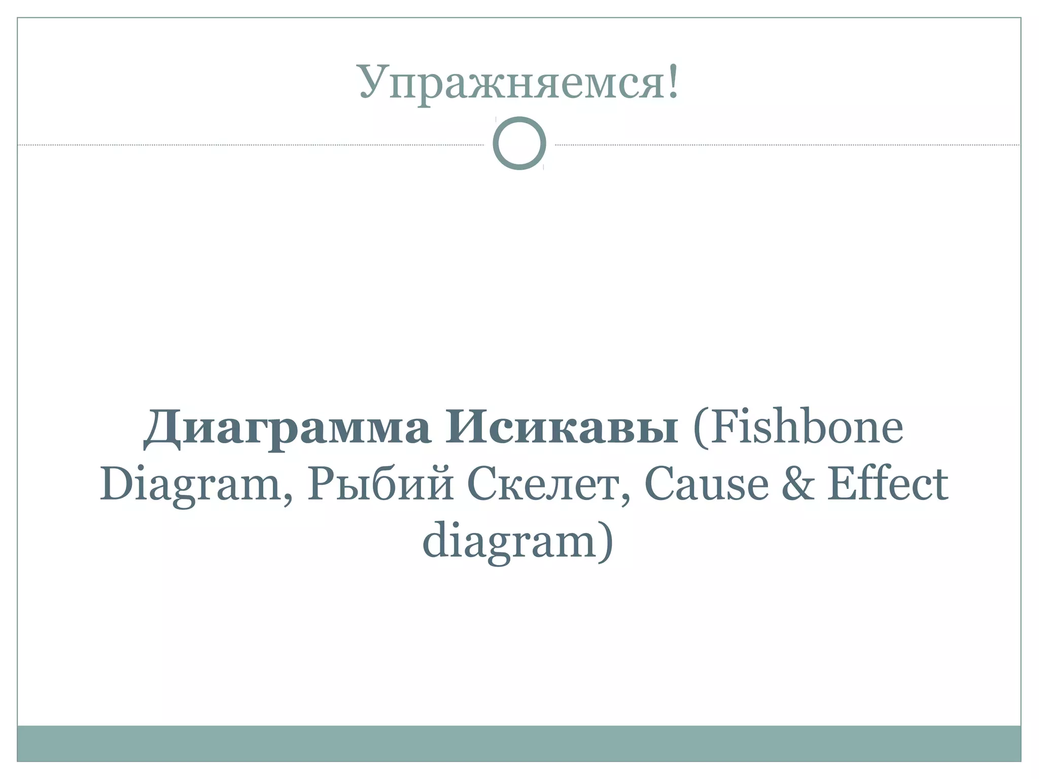 Упражняемся!
Диаграмма Исикавы (Fishbone
Diagram, Рыбий Скелет, Cause & Effect
diagram)
 