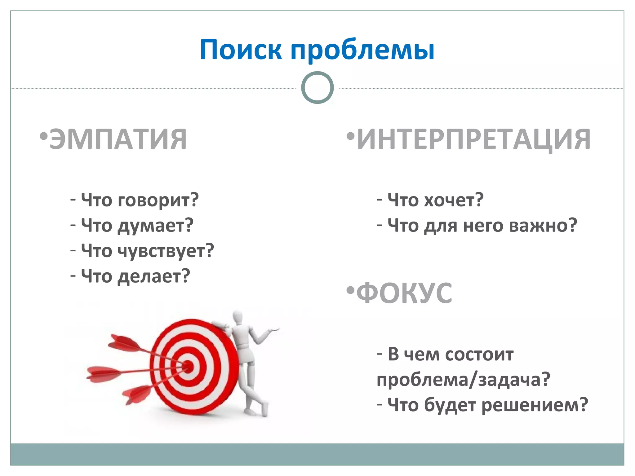 Поиск проблемы
•ЭМПАТИЯ
- Что говорит?
- Что думает?
- Что чувствует?
- Что делает?
•ИНТЕРПРЕТАЦИЯ
- Что хочет?
- Что для него важно?
•ФОКУС
- В чем состоит
проблема/задача?
- Что будет решением?
 