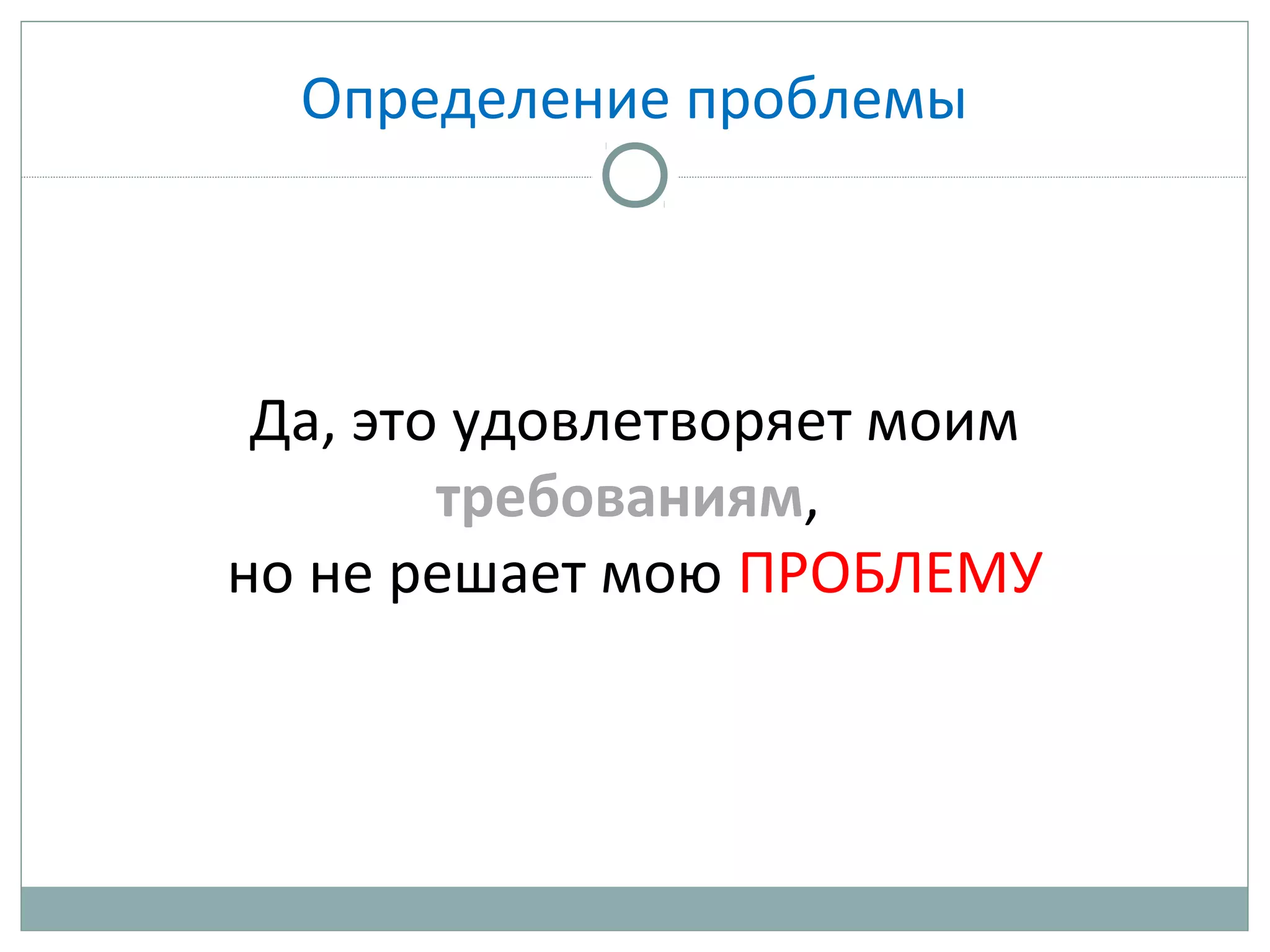 Определение проблемы
Да, это удовлетворяет моим
требованиям,
но не решает мою ПРОБЛЕМУ
 