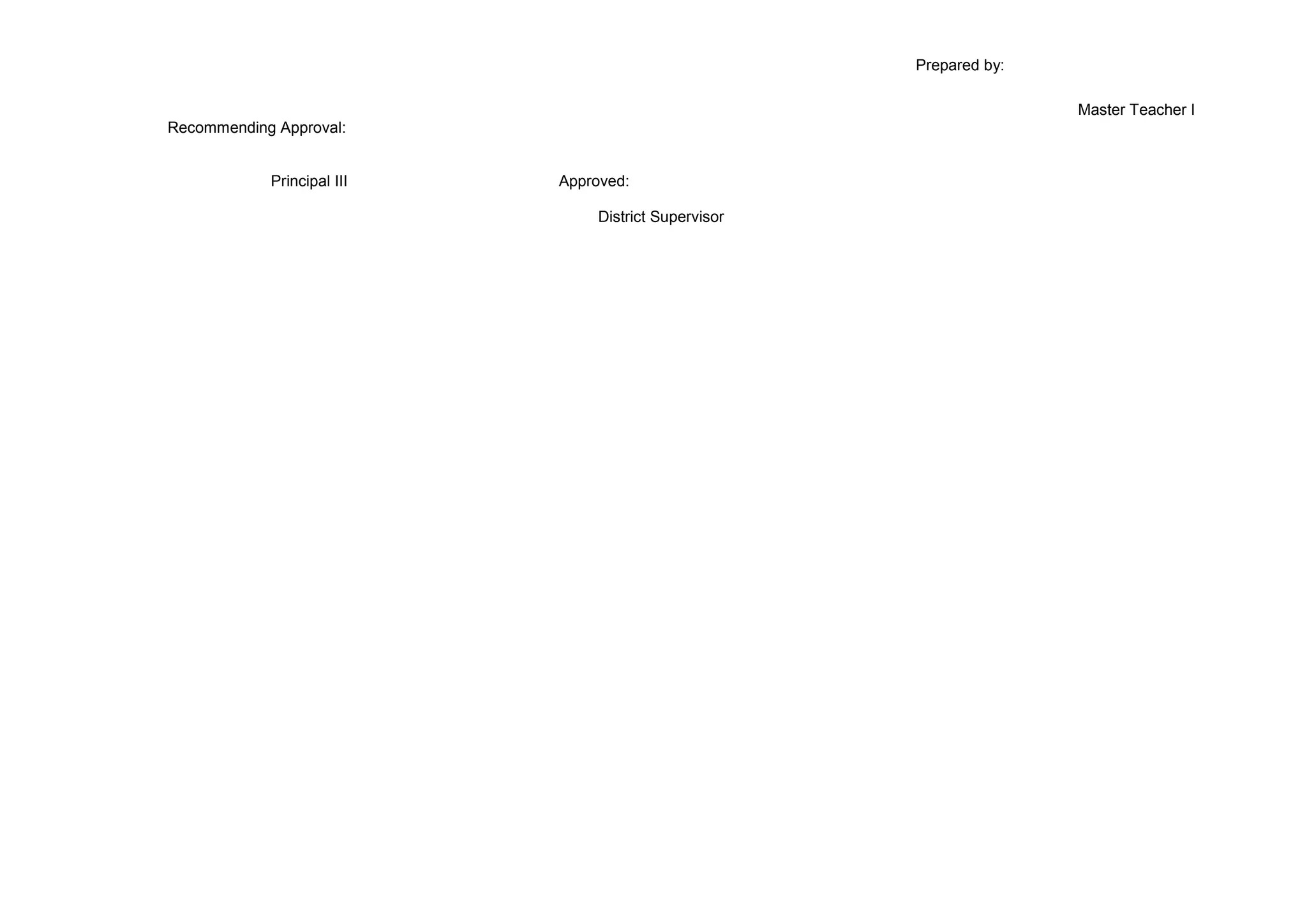 Prepared by:
Master Teacher I
Recommending Approval:
Principal III Approved:
District Supervisor
 