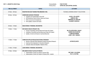 DAY 3 – JANUARY 26, 2024 (Friday) Training Modality : FACE TO FACE
Training Venue : DUPAX DEL SUR CENTRAL SCHOOL
TIME ALLOTMENT TOPICS LECTURER
07:00am – 08:45am REGISTRATION AND TRAINING PRELIMINARIES / MOL TECHNICAL WORKING GROUP / FACILITATORS
08:45am – 09:45am HOMEROOM GUIDANCE PROGRAM
 Guidelines and Implementation of the HGP
 HGP Monitoring Tools for School, District and Division
 HGP Curriculum and Competencies
 HGP Updates, Concerns and Issues
ELSIE A. COLLANTES
JAMES M. UMLI
EMMANUEL M. CABILANG
ELIZABETH ADDUCUL
09:45am – 10:00am SNACK BREAK / PERSONAL NECESSITIES
10:00am – 11:00am SDO NUEVA VIZCAYA PROJECT URL
 Process of Submitting Learning Resources through URL System
 Guidelines of Submitting Learning Resources through URL System
 Updates, Concerns and Issues on Learning Resources
MA. PIA VISITACION G. ABIJAY
RONNIE DELOS SANTOS
ELMER BETAWANG
LENNY LYNE P. MANUEL
11:00am – 11:45am COMPUTER APPLICATION IN EDUCATIONAL RESEARCH
 Review on Microsoft Office Applications towards Educational Research
 Exploring Online Applications in Educational Research
 Computer Values and Etiquettes / Research Ethics
JAYSON VELASCO
11:45am – 01:00pm LUNCH BREAK / PERSONAL NECESSITIES
01:00pm – 02:00pm IMPLEMENTATION OF CATCH-UP FRIDAYS
 Implementation of Catch-Up Fridays for January 2024
 Implementation of Catch-Up Fridays for February 2024 - onwards
MAY ANN V. VILLAPANA
FELY A. COLTING
 
