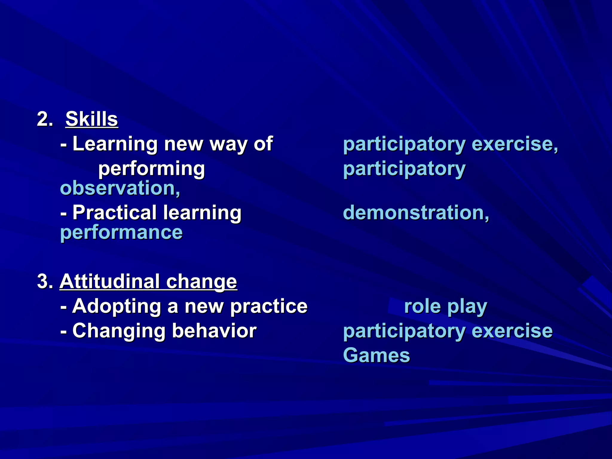 2.. SSkkiillllss 
-- LLeeaarrnniinngg nneeww wwaayy ooff ppaarrttiicciippaattoorryy eexxeerrcciissee,, 
ppeerrffoorrmmiinngg ppaarrttiicciippaattoorryy 
oobbsseerrvvaattiioonn,, 
-- PPrraaccttiiccaall lleeaarrnniinngg ddeemmoonnssttrraattiioonn,, 
ppeerrffoorrmmaannccee 
33.. AAttttiittuuddiinnaall cchhaannggee 
-- AAddooppttiinngg aa nneeww pprraaccttiiccee rroollee ppllaayy 
-- CChhaannggiinngg bbeehhaavviioorr ppaarrttiicciippaattoorryy eexxeerrcciissee 
GGaammeess 
 