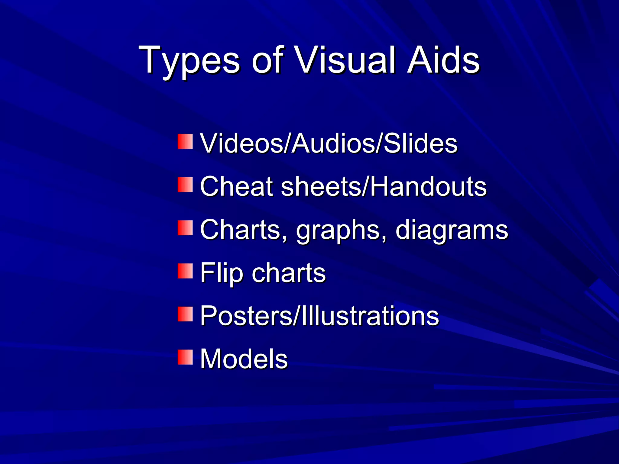 TTyyppeess ooff VViissuuaall AAiiddss 
VViiddeeooss//AAuuddiiooss//SSlliiddeess 
CChheeaatt sshheeeettss//HHaannddoouuttss 
CChhaarrttss,, ggrraapphhss,, ddiiaaggrraammss 
FFlliipp cchhaarrttss 
PPoosstteerrss//IIlllluussttrraattiioonnss 
MMooddeellss 
 