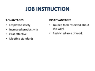 JOB INSTRUCTION
ADVANTAGES
• Employee safety
• Increased productivity
• Cost effective
• Meeting standards
DISADVANTAGES
• Trainee feels reserved about
the work
• Restricted area of work
 