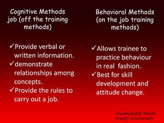 Cognitive Methods       Behavioral Methods
job (off the training    (on the job training
      methods)                methods)


Provide verbal or      Allows trainee to
 written information.    practice behaviour
demonstrate             in real fashion.
 relationships among    Best for skill
 concepts.               development and
Provide the rules to    attitude change.
 carry out a job.
                               Saumyadip Maiti
                               Amity University
 