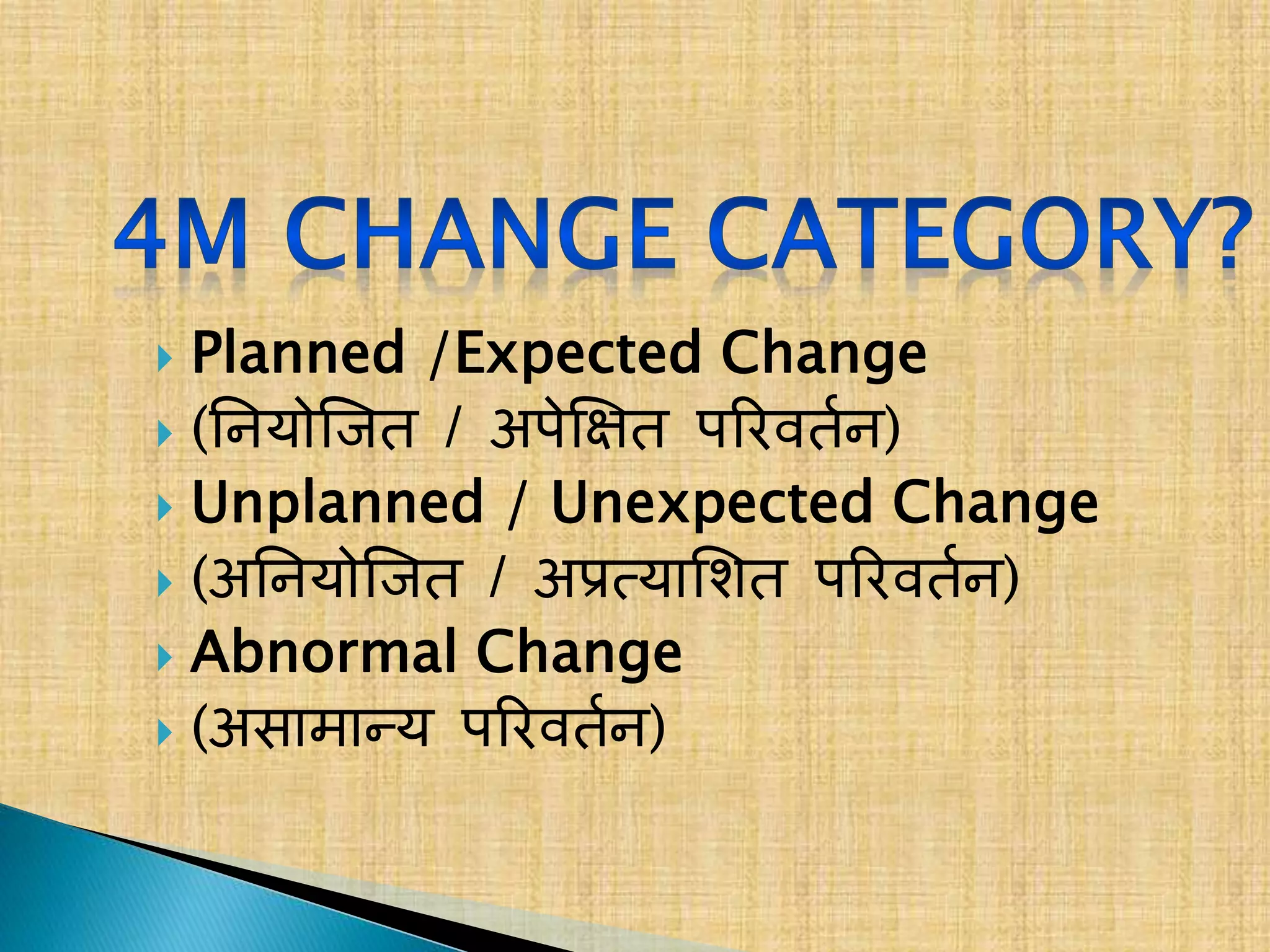  Planned /Expected Change
 (ननयोजजर् / अपेक्षिर् परिवर्तन)
 Unplanned / Unexpected Change
 (अननयोजजर् / अप्रत्याशिर् परिवर्तन)
 Abnormal Change
 (असामान्य परिवर्तन)
 