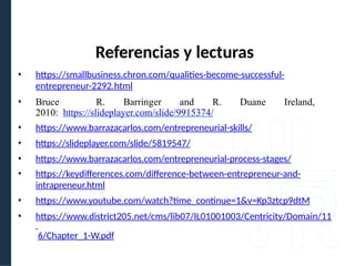 • https://smallbusiness.chron.com/qualities-become-successful-
entrepreneur-2292.html
• Bruce R. Barringer and R. Duane Ireland,
2010: https://slideplayer.com/slide/9915374/
• https://www.barrazacarlos.com/entrepreneurial-skills/
• https://slideplayer.com/slide/5819547/
• https://www.barrazacarlos.com/entrepreneurial-process-stages/
• https://keydifferences.com/difference-between-entrepreneur-and-
intrapreneur.html
• https://www.youtube.com/watch?time_continue=1&v=Kp3ztcp9dtM
• https://www.district205.net/cms/lib07/IL01001003/Centricity/Domain/11
6/Chapter_1-W.pdf
Referencias y lecturas
 