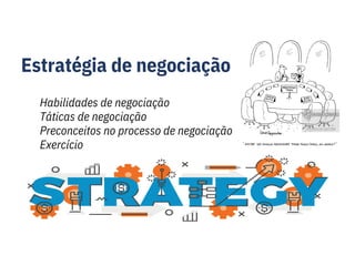Estratégia de negociação
Habilidades de negociação
Táticas de negociação
Preconceitos no processo de negociação
Exercício
 