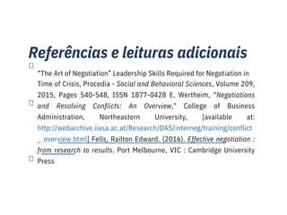 Referências e leituras adicionais

“The Art of Negotiation” Leadership Skills Required for Negotiation in
Time of Crisis, Procedia - Social and Behavioral Sciences, Volume 209,
2015, Pages 540-548, ISSN 1877-0428 E. Wertheim, "Negotiations
and Resolving Conflicts: An Overview," College of Business
Administration, Northeastern University, [available at:
http://webarchive.iiasa.ac.at/Research/DAS/interneg/training/conflict
_ overview.html] Fells, Railton Edward. (2016). Effective negotiation :
from research to results. Port Melbourne, VIC : Cambridge University
Press


 