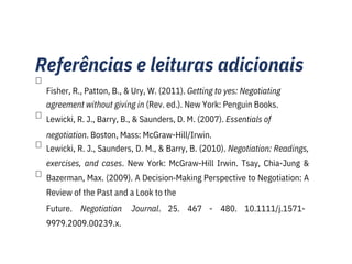 Referências e leituras adicionais

negotiation. Boston, Mass: McGraw-Hill/Irwin.
Lewicki, R. J., Saunders, D. M., & Barry, B. (2010). Negotiation: Readings,
exercises, and cases. New York: McGraw-Hill Irwin. Tsay, Chia-Jung &
Bazerman, Max. (2009). A Decision‐Making Perspective to Negotiation: A
Review of the Past and a Look to the
Fisher, R., Patton, B., & Ury, W. (2011). Getting to yes: Negotiating
agreement without giving in (Rev. ed.). New York: Penguin Books.
Lewicki, R. J., Barry, B., & Saunders, D. M. (2007). Essentials of
Future. Negotiation Journal. 25. 467 - 480. 10.1111/j.1571-
9979.2009.00239.x.



 