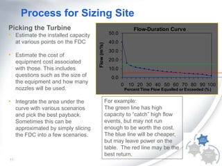 Process for Sizing Site
Picking the Turbine

at various points on the FDC

Flow-Duration Curve

40.0

• Estimate the cost of
equipment cost associated
with those. This includes
questions such as the size of
the equipment and how many
nozzles will be used.

• Integrate the area under the
curve with various scenarios
and pick the best payback.
Sometimes this can be
approximated by simply slicing
the FDC into a few scenarios.

11

Flow (m³/s)

• Estimate the installed capacity

50.0

30.0
20.0
10.0
0.0
0 10 20 30 40 50 60 70 80 90 100
Percent Time Flow Equalled or Exceeded (% )

For example:
The green line has high
capacity to “catch” high flow
events, but may not run
enough to be worth the cost.
The blue line will be cheaper,
but may leave power on the
table. The red line may be the
best return.

 