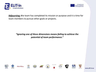 Adjourning: the team has completed its mission or purpose and it is time for
team members to pursue other goals or projects.
Ignoring one of these dimensions means failing to achieve the
potential of team performance.
 