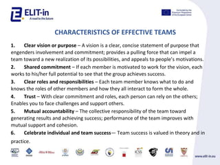 CHARACTERISTICS OF EFFECTIVE TEAMS
1. Clear vision or purpose C A vision is a clear, concise statement of purpose that
engenders involvement and commitment; provides a pulling force that can impel a
team toward a new realization of its possibilities, and appeals to peoples motivations.
2. Shared commitment C If each member is motivated to work for the vision, each
works to his/her full potential to see that the group achieves success.
3. Clear roles and responsibilities C Each team member knows what to do and
knows the roles of other members and how they all interact to form the whole.
4. Trust C With clear commitment and roles, each person can rely on the others;
Enables you to face challenges and support others.
5. Mutual accountability C The collective responsibility of the team toward
generating results and achieving success; performance of the team improves with
mutual support and cohesion.
6. Celebrate individual and team success Team success is valued in theory and in
practice.
 