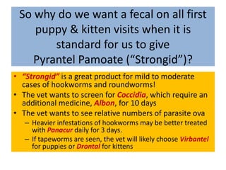 So why do we want a fecal on all first puppy & kitten visits when it is standard for us to give Pyrantel Pamoate (“Strongid”)?“Strongid” is a great product for mild to moderate cases of hookworms and roundworms!The vet wants to screen for Coccidia, which require an additional medicine, Albon, for 10 daysThe vet wants to see relative numbers of parasite ovaHeavier infestations of hookworms may be better treated with Panacur daily for 3 days.If tapeworms are seen, the vet will likely choose Virbantel for puppies or Drontal for kittens