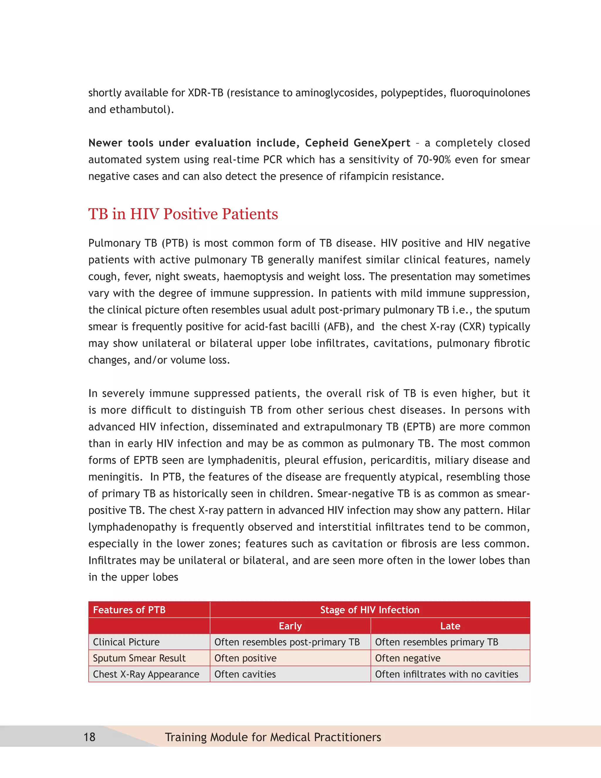shortly available for XDR-TB (resistance to aminoglycosides, polypeptides, ﬂuoroquinolones
and ethambutol).


Newer tools under evaluation include, Cepheid GeneXpert – a completely closed
automated system using real-time PCR which has a sensitivity of 70-90% even for smear
negative cases and can also detect the presence of rifampicin resistance.


TB in HIV Positive Patients
Pulmonary TB (PTB) is most common form of TB disease. HIV positive and HIV negative
patients with active pulmonary TB generally manifest similar clinical features, namely
cough, fever, night sweats, haemoptysis and weight loss. The presentation may sometimes
vary with the degree of immune suppression. In patients with mild immune suppression,
the clinical picture often resembles usual adult post-primary pulmonary TB i.e., the sputum
smear is frequently positive for acid-fast bacilli (AFB), and the chest X-ray (CXR) typically
may show unilateral or bilateral upper lobe inﬁltrates, cavitations, pulmonary ﬁbrotic
changes, and/or volume loss.


In severely immune suppressed patients, the overall risk of TB is even higher, but it
is more difﬁcult to distinguish TB from other serious chest diseases. In persons with
advanced HIV infection, disseminated and extrapulmonary TB (EPTB) are more common
than in early HIV infection and may be as common as pulmonary TB. The most common
forms of EPTB seen are lymphadenitis, pleural effusion, pericarditis, miliary disease and
meningitis. In PTB, the features of the disease are frequently atypical, resembling those
of primary TB as historically seen in children. Smear-negative TB is as common as smear-
positive TB. The chest X-ray pattern in advanced HIV infection may show any pattern. Hilar
lymphadenopathy is frequently observed and interstitial inﬁltrates tend to be common,
especially in the lower zones; features such as cavitation or ﬁbrosis are less common.
Inﬁltrates may be unilateral or bilateral, and are seen more often in the lower lobes than
in the upper lobes


 Features of PTB                                      Stage of HIV Infection
                                              Early                              Late
 Clinical Picture            Often resembles post-primary TB      Often resembles primary TB
 Sputum Smear Result         Often positive                       Often negative
 Chest X-Ray Appearance      Often cavities                       Often inﬁltrates with no cavities




18                  Training Module for Medical Practitioners
 