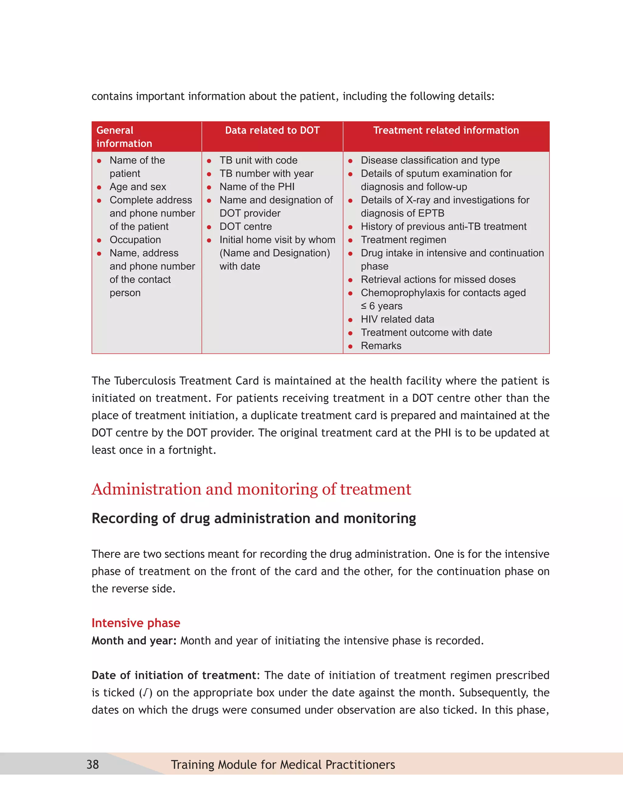 contains important information about the patient, including the following details:


 General                      Data related to DOT               Treatment related information
 information
    Name of the            TB unit with code               Disease classiﬁcation and type
     patient                TB number with year             Details of sputum examination for
    Age and sex            Name of the PHI                  diagnosis and follow-up
    Complete address       Name and designation of         Details of X-ray and investigations for
     and phone number        DOT provider                     diagnosis of EPTB
     of the patient         DOT centre                      History of previous anti-TB treatment
    Occupation             Initial home visit by whom      Treatment regimen
    Name, address           (Name and Designation)          Drug intake in intensive and continuation
     and phone number        with date                        phase
     of the contact                                          Retrieval actions for missed doses
     person                                                  Chemoprophylaxis for contacts aged
                                                              ≤ 6 years
                                                             HIV related data
                                                             Treatment outcome with date
                                                             Remarks


The Tuberculosis Treatment Card is maintained at the health facility where the patient is
initiated on treatment. For patients receiving treatment in a DOT centre other than the
place of treatment initiation, a duplicate treatment card is prepared and maintained at the
DOT centre by the DOT provider. The original treatment card at the PHI is to be updated at
least once in a fortnight.


Administration and monitoring of treatment
Recording of drug administration and monitoring

There are two sections meant for recording the drug administration. One is for the intensive
phase of treatment on the front of the card and the other, for the continuation phase on
the reverse side.


Intensive phase
Month and year: Month and year of initiating the intensive phase is recorded.


Date of initiation of treatment: The date of initiation of treatment regimen prescribed
is ticked (√) on the appropriate box under the date against the month. Subsequently, the
dates on which the drugs were consumed under observation are also ticked. In this phase,



38              Training Module for Medical Practitioners
 