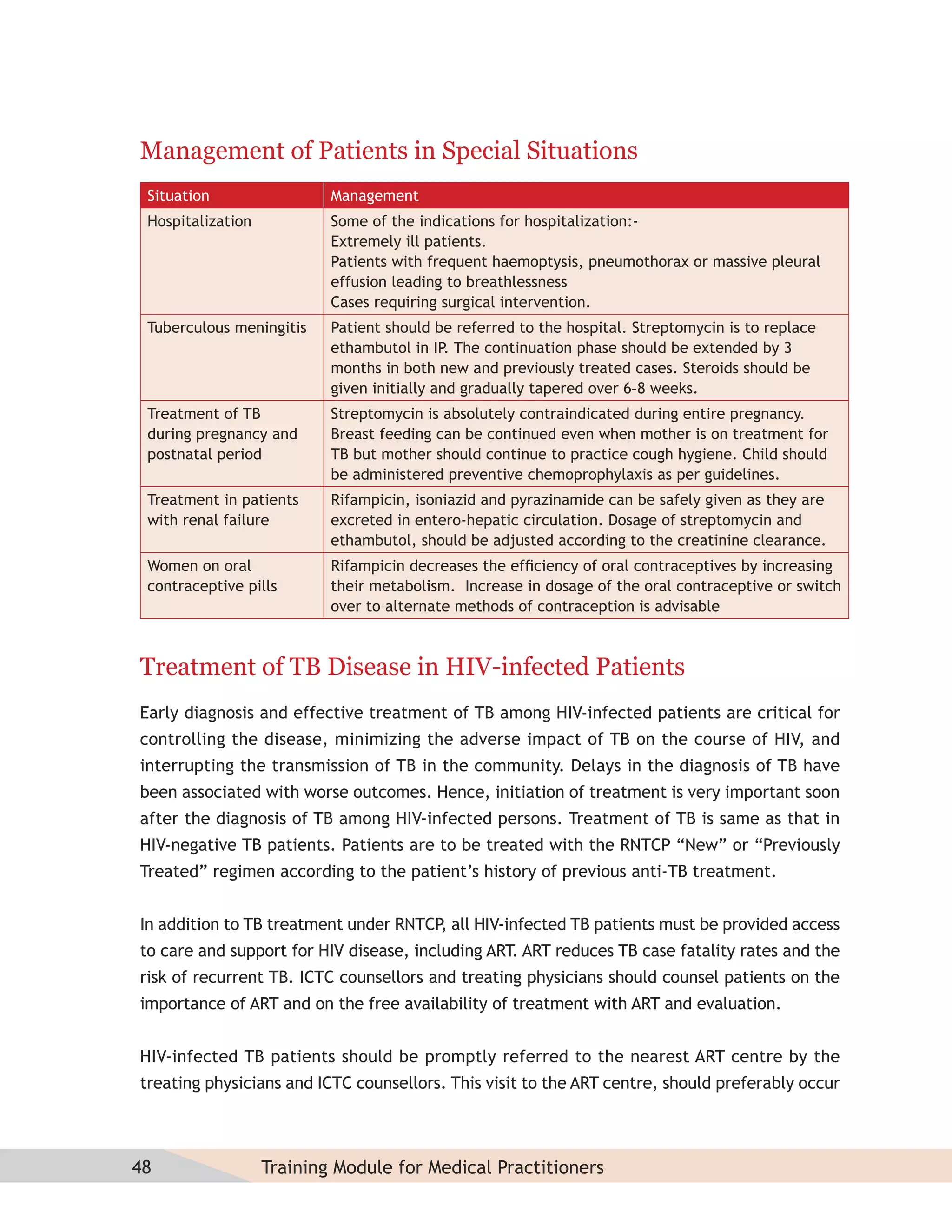 Management of Patients in Special Situations
 Situation                 Management
 Hospitalization           Some of the indications for hospitalization:-
                           Extremely ill patients.
                           Patients with frequent haemoptysis, pneumothorax or massive pleural
                           effusion leading to breathlessness
                           Cases requiring surgical intervention.
 Tuberculous meningitis    Patient should be referred to the hospital. Streptomycin is to replace
                           ethambutol in IP. The continuation phase should be extended by 3
                           months in both new and previously treated cases. Steroids should be
                           given initially and gradually tapered over 6–8 weeks.
 Treatment of TB           Streptomycin is absolutely contraindicated during entire pregnancy.
 during pregnancy and      Breast feeding can be continued even when mother is on treatment for
 postnatal period          TB but mother should continue to practice cough hygiene. Child should
                           be administered preventive chemoprophylaxis as per guidelines.
 Treatment in patients     Rifampicin, isoniazid and pyrazinamide can be safely given as they are
 with renal failure        excreted in entero-hepatic circulation. Dosage of streptomycin and
                           ethambutol, should be adjusted according to the creatinine clearance.
 Women on oral             Rifampicin decreases the efﬁciency of oral contraceptives by increasing
 contraceptive pills       their metabolism. Increase in dosage of the oral contraceptive or switch
                           over to alternate methods of contraception is advisable



Treatment of TB Disease in HIV-infected Patients
Early diagnosis and effective treatment of TB among HIV-infected patients are critical for
controlling the disease, minimizing the adverse impact of TB on the course of HIV, and
interrupting the transmission of TB in the community. Delays in the diagnosis of TB have
been associated with worse outcomes. Hence, initiation of treatment is very important soon
after the diagnosis of TB among HIV-infected persons. Treatment of TB is same as that in
HIV-negative TB patients. Patients are to be treated with the RNTCP “New” or “Previously
Treated” regimen according to the patient’s history of previous anti-TB treatment.


In addition to TB treatment under RNTCP all HIV-infected TB patients must be provided access
                                       ,
to care and support for HIV disease, including ART. ART reduces TB case fatality rates and the
risk of recurrent TB. ICTC counsellors and treating physicians should counsel patients on the
importance of ART and on the free availability of treatment with ART and evaluation.


HIV-infected TB patients should be promptly referred to the nearest ART centre by the
treating physicians and ICTC counsellors. This visit to the ART centre, should preferably occur



48                 Training Module for Medical Practitioners
 