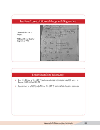 Irrational prescriptions of drugs and diagnostics



    Levoﬂoxacin!! For TB
    suspect

    TB Elisa!! Prescribed for
    diagnosis of PTB




                         Fluoroquinolone resistance
    Only 4 (1.8%) out of 216 MDR-TB patients detected in the state wide DRS survey in
     Gujarat (2005-06) had XDR-TB

    But, as many as 60 (28%) out of these 216 MDR-TB patients had oﬂoxacin resistance




                                        Appendix 7: Presentation Handouts                103
 