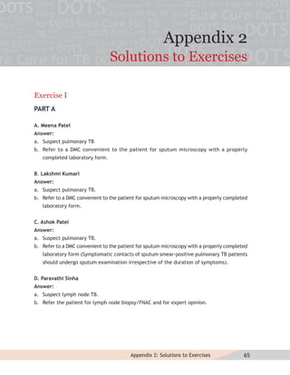 Appendix 2
                                Solutions to Exercises

Exercise I
PART A

A. Meena Patel
Answer:
a. Suspect pulmonary TB
b. Refer to a DMC convenient to the patient for sputum microscopy with a properly
   completed laboratory form.


B. Lakshmi Kumari
Answer:
a. Suspect pulmonary TB.
b. Refer to a DMC convenient to the patient for sputum microscopy with a properly completed
   laboratory form.


C. Ashok Patel
Answer:
a. Suspect pulmonary TB.
b. Refer to a DMC convenient to the patient for sputum microscopy with a properly completed
   laboratory form (Symptomatic contacts of sputum smear-positive pulmonary TB patients
   should undergo sputum examination irrespective of the duration of symptoms).


D. Paravathi Sinha
Answer:
a. Suspect lymph node TB.
b. Refer the patient for lymph node biopsy/FNAC and for expert opinion.




                                         Appendix 2: Solutions to Exercises              65
 