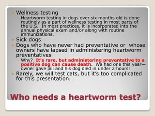 Who needs a heartworm test?,[object Object],Wellness testing,[object Object],Heartworm testing in dogs over six months old is done routinely as a part of wellness testing in most parts of the U.S.  In most practices, it is incorporated into the annual physical exam and/or along with routine immunizations. ,[object Object],Sick dogs,[object Object],Dogs who have never had preventative or  whose owners have lapsed in administering heartworm preventatives,[object Object],Why?  It’s rare, but administering preventative to a positive dog can cause death.  We had one this year—owner gave pill and his dog died in under 2 hours!,[object Object],Rarely, we will test cats, but it’s too complicated for this presentation.,[object Object]