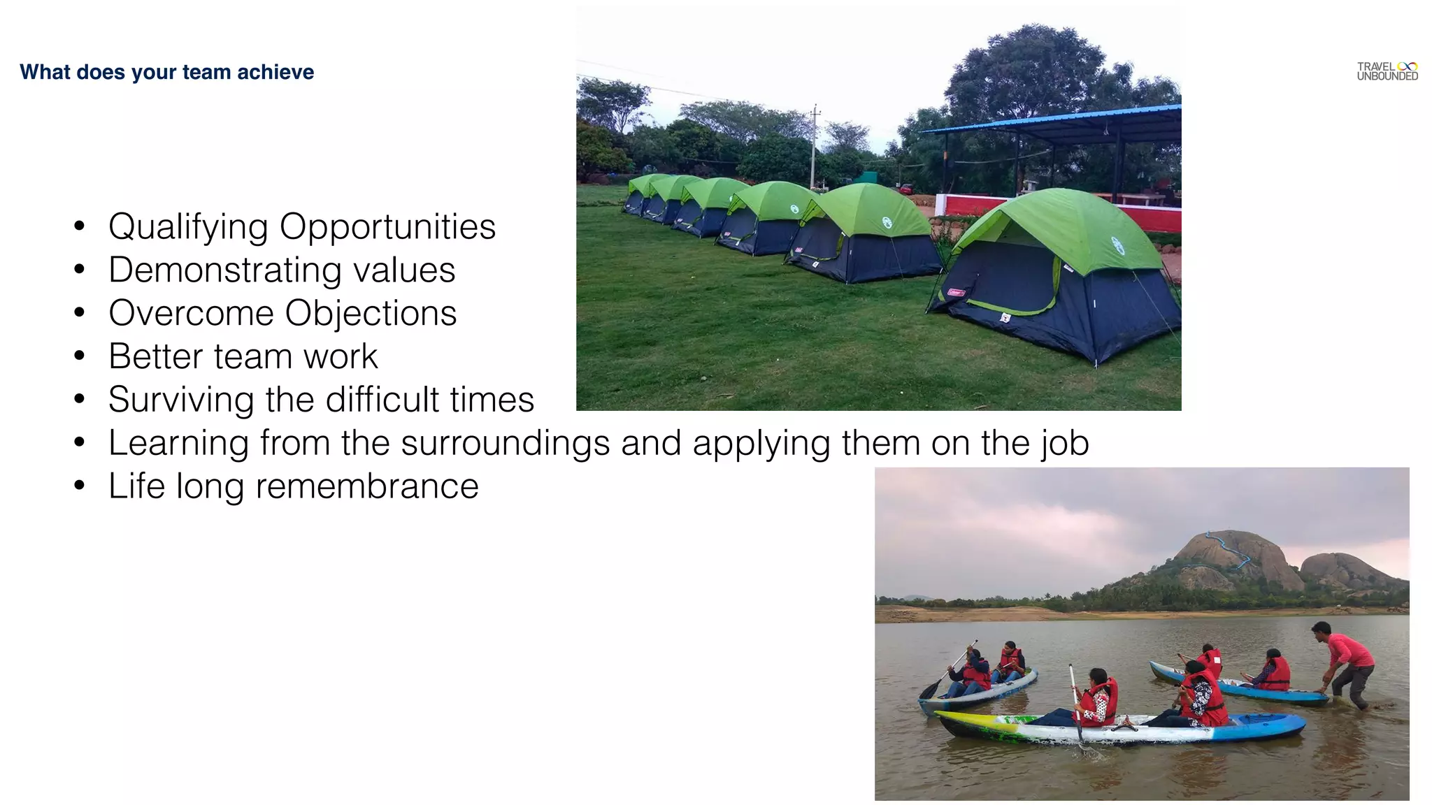 What does your team achieve
• Qualifying Opportunities
• Demonstrating values
• Overcome Objections
• Better team work
• Surviving the difﬁcult times
• Learning from the surroundings and applying them on the job
• Life long remembrance
 